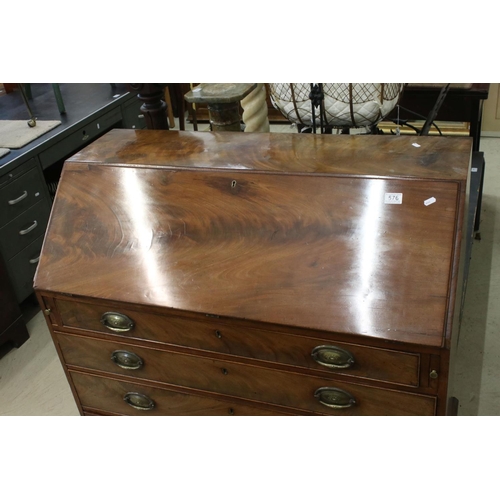 576 - George III Mahogany Bureau, the fall front opening to a fitted interior, four long drawers and raise... 