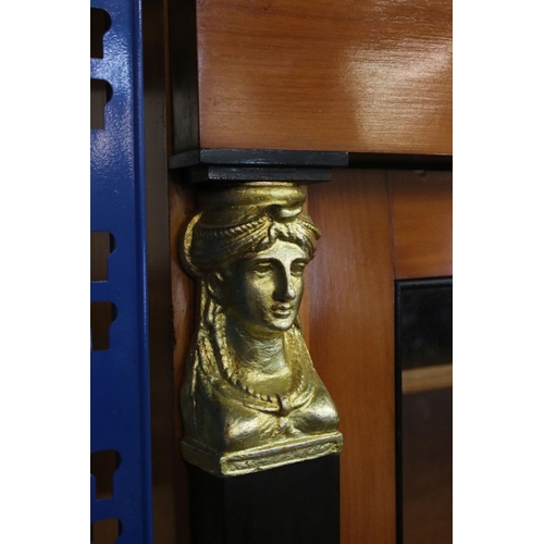 635 - French Empire style Satinwood and Ebonised Display Cabinet with figural metal capped square columns,... 