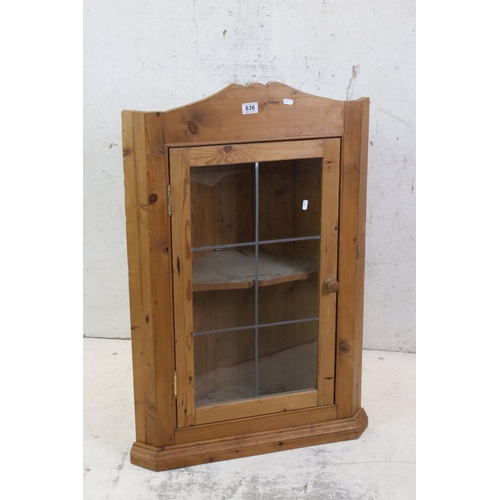 636 - Pine Hanging Corner Cabinet with Single Glazed Door, 63cm wide x 98cm high