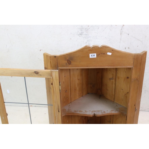 636 - Pine Hanging Corner Cabinet with Single Glazed Door, 63cm wide x 98cm high