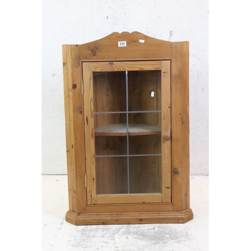 636 - Pine Hanging Corner Cabinet with Single Glazed Door, 63cm wide x 98cm high