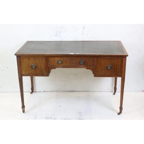 640 - 19th century ladies mahogany & ebony strung writing table with three drawers & leather top