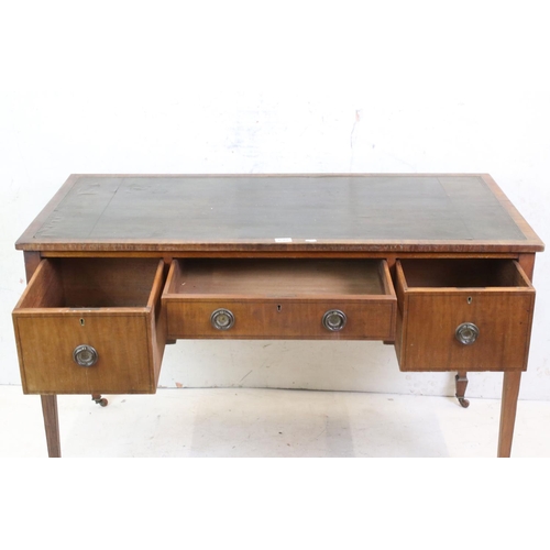 640 - 19th century ladies mahogany & ebony strung writing table with three drawers & leather top