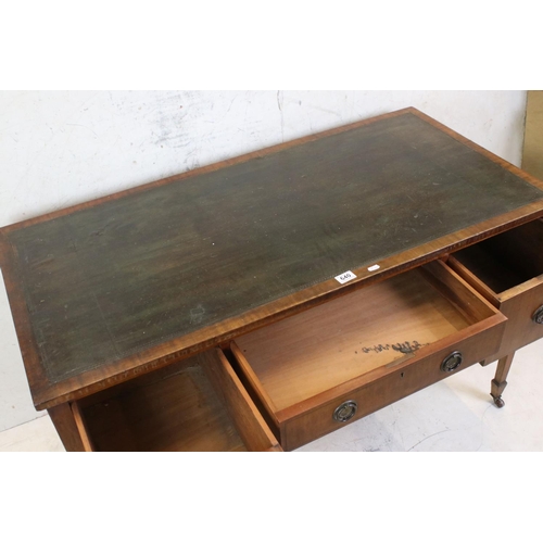 640 - 19th century ladies mahogany & ebony strung writing table with three drawers & leather top