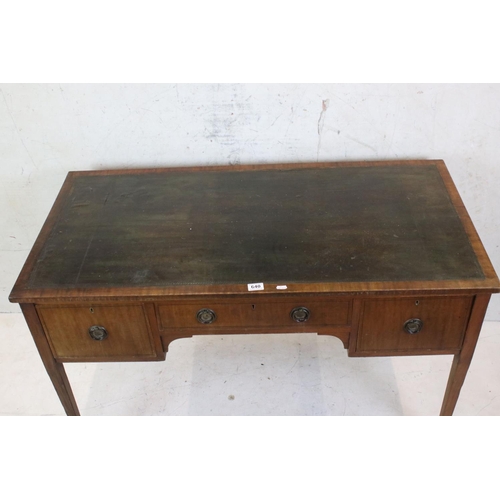 640 - 19th century ladies mahogany & ebony strung writing table with three drawers & leather top