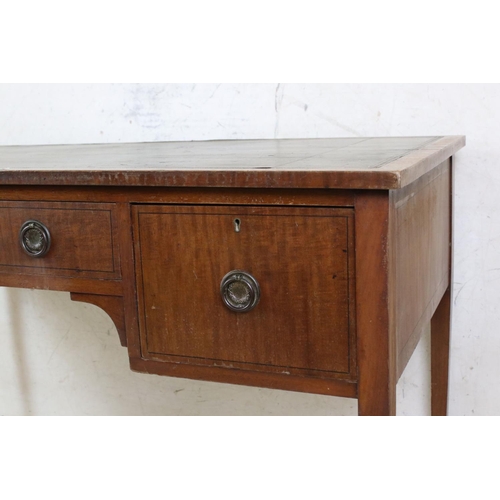 640 - 19th century ladies mahogany & ebony strung writing table with three drawers & leather top