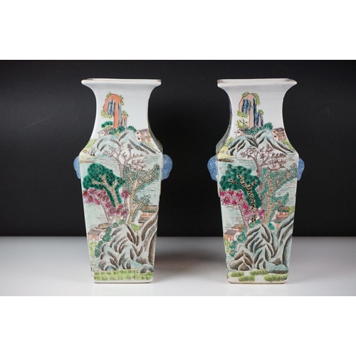 18 - Pair of Chinese Porcelain Famille Verte Square Baluster Vases decorated with figures fishing and bui... 