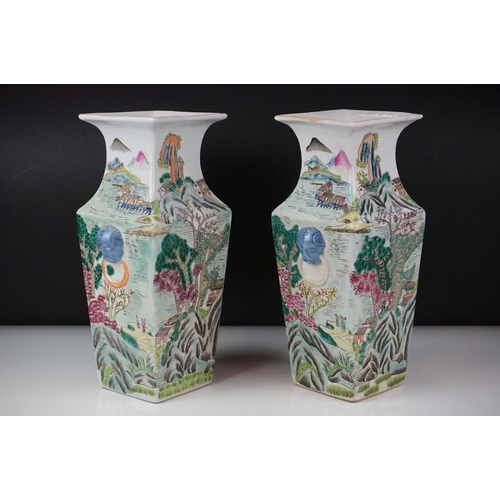 18 - Pair of Chinese Porcelain Famille Verte Square Baluster Vases decorated with figures fishing and bui... 