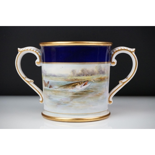 2 - Early 20th Century Royal Worcester loving cup, dated 1921, with hand painted Pike and floral decorat... 