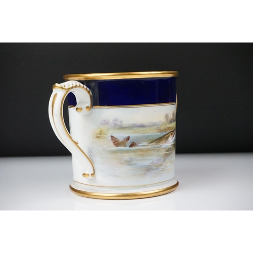 2 - Early 20th Century Royal Worcester loving cup, dated 1921, with hand painted Pike and floral decorat... 