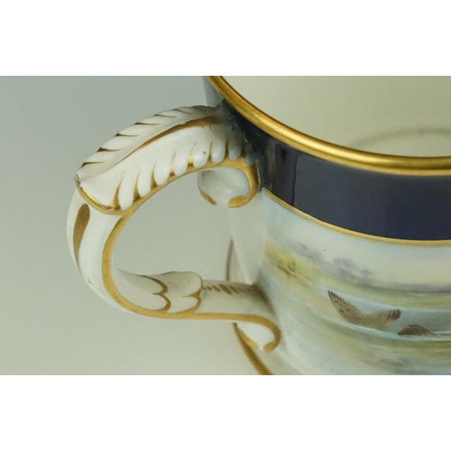 2 - Early 20th Century Royal Worcester loving cup, dated 1921, with hand painted Pike and floral decorat... 