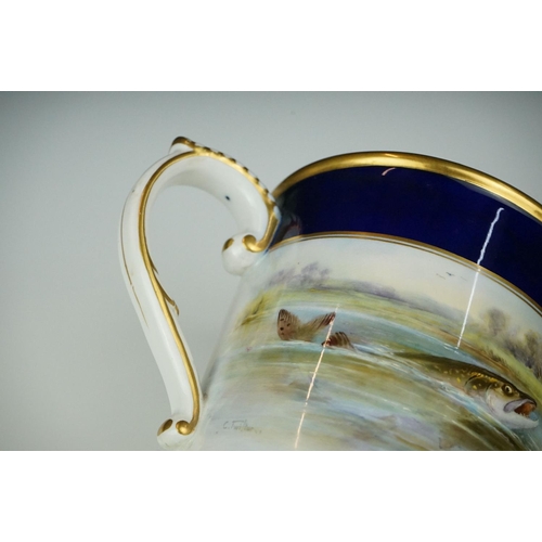 2 - Early 20th Century Royal Worcester loving cup, dated 1921, with hand painted Pike and floral decorat... 