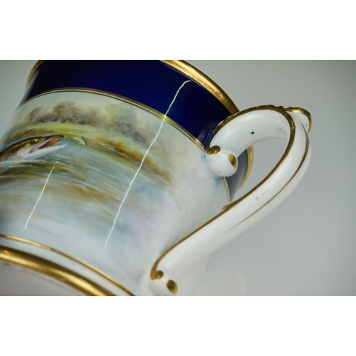 2 - Early 20th Century Royal Worcester loving cup, dated 1921, with hand painted Pike and floral decorat... 