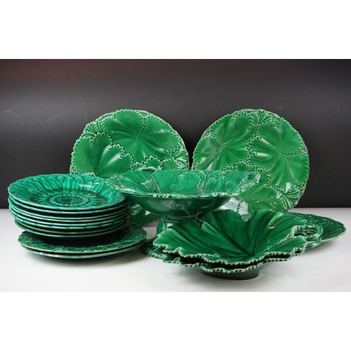 22 - Collection of 16 items of 19th Century Majolica green glazed leaf design ceramics, to include Wedgwo... 