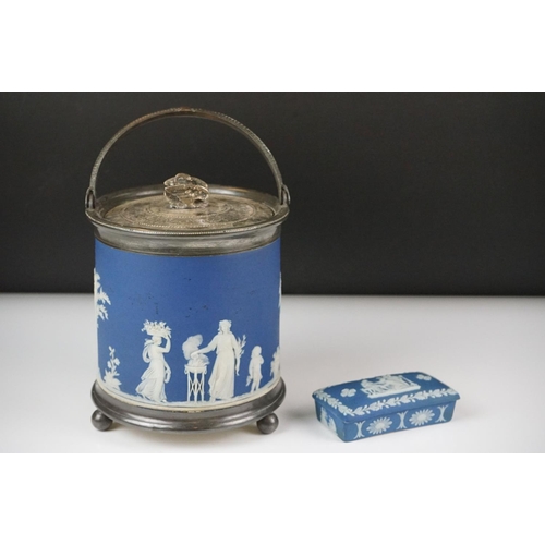 31 - Wedgwood Jasperware biscuit barrel with silver plated lid and base rim, with swan-shaped lid finial ... 