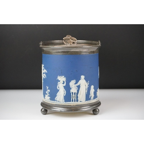 31 - Wedgwood Jasperware biscuit barrel with silver plated lid and base rim, with swan-shaped lid finial ... 