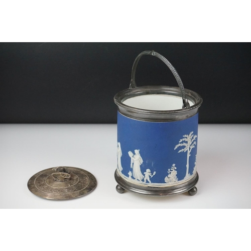 31 - Wedgwood Jasperware biscuit barrel with silver plated lid and base rim, with swan-shaped lid finial ... 