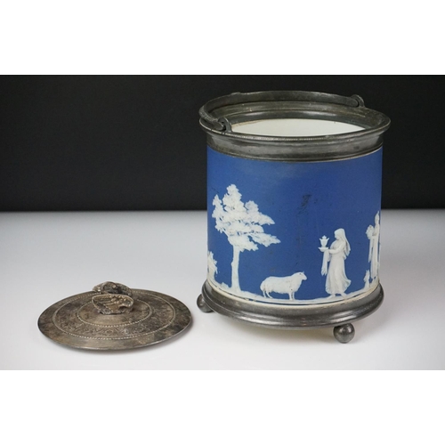 31 - Wedgwood Jasperware biscuit barrel with silver plated lid and base rim, with swan-shaped lid finial ... 