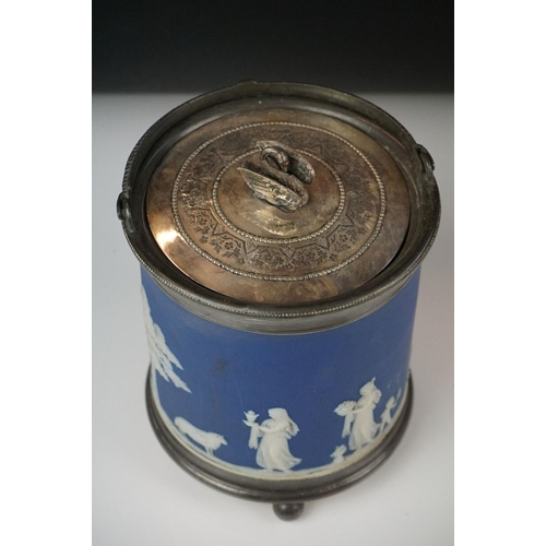 31 - Wedgwood Jasperware biscuit barrel with silver plated lid and base rim, with swan-shaped lid finial ... 