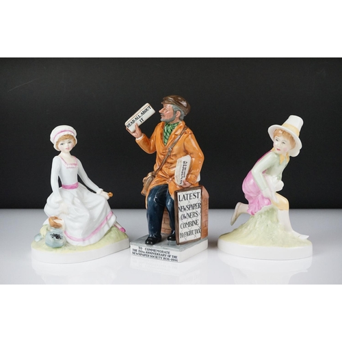 33 - Three Royal Doulton porcelain figures to include ' The Newsvendor ', no. HN 2891, 21cm high, and two... 