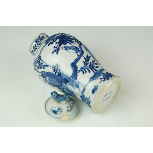 34 - Near Pair of Chinese Blue and White Baluster Lidded Vases decorated with figures and birds, four cha... 