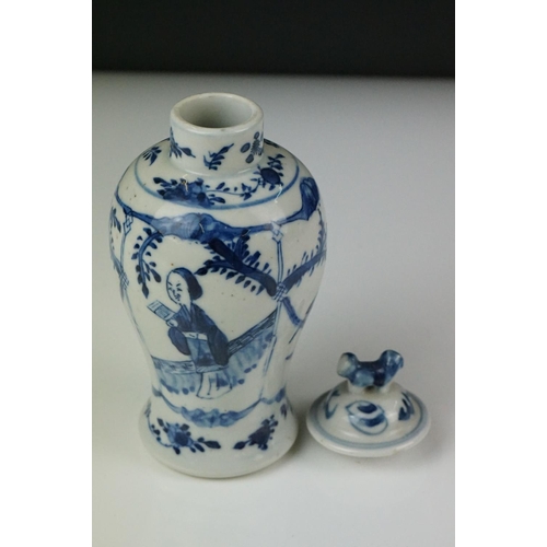 34 - Near Pair of Chinese Blue and White Baluster Lidded Vases decorated with figures and birds, four cha... 