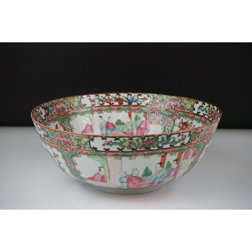 37 - Chinese Cantonese Famille Rose Bowl decorated with panels of figures and panels of birds sat amongst... 