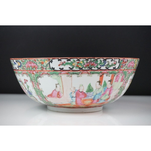 37 - Chinese Cantonese Famille Rose Bowl decorated with panels of figures and panels of birds sat amongst... 