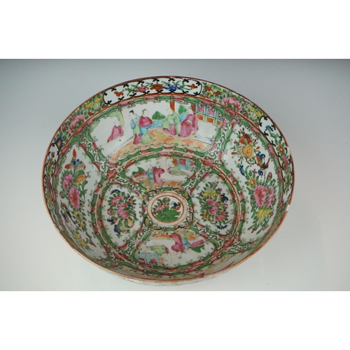 37 - Chinese Cantonese Famille Rose Bowl decorated with panels of figures and panels of birds sat amongst... 