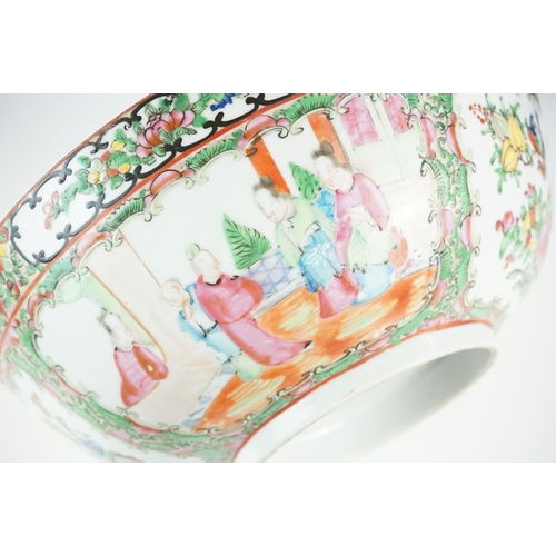 37 - Chinese Cantonese Famille Rose Bowl decorated with panels of figures and panels of birds sat amongst... 