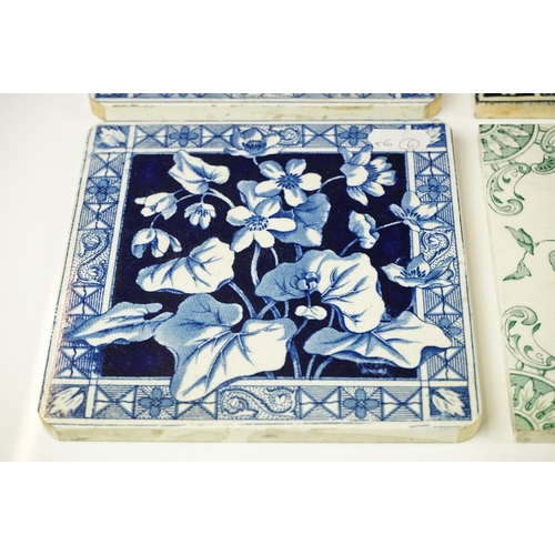 38 - Group of six Victorian floral design ceramic tiles, comprising a set of four & two others, one inscr... 