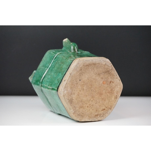 39 - 19th Century Chinese green glazed Shiwan hexagonal pottery teapot and cover, approx 18cm high, toget... 