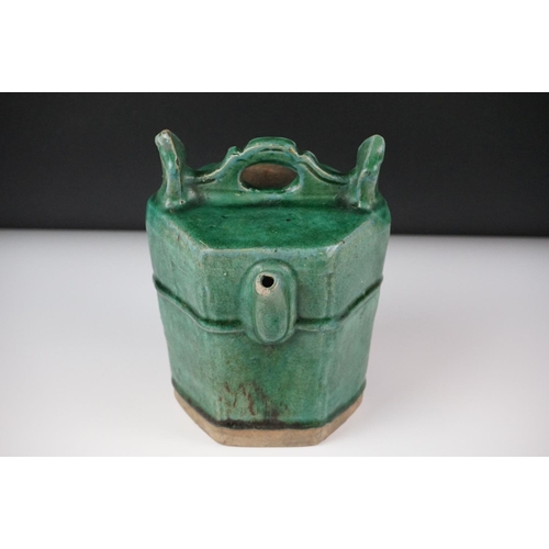 39 - 19th Century Chinese green glazed Shiwan hexagonal pottery teapot and cover, approx 18cm high, toget... 