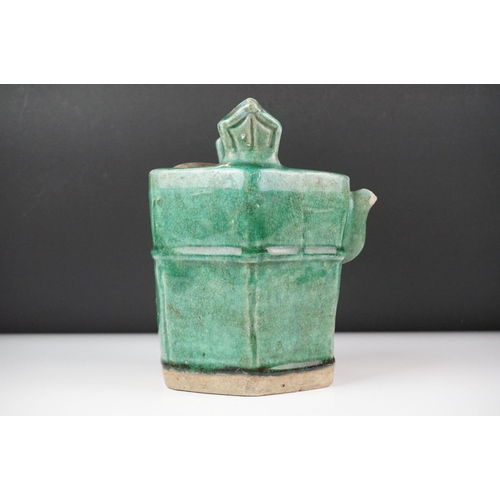 39 - 19th Century Chinese green glazed Shiwan hexagonal pottery teapot and cover, approx 18cm high, toget... 