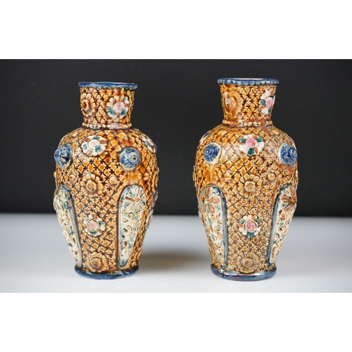 41 - Pair of Alhambrian Majolica vases, late 19th - early 20th century, with brown glazing and decorated ... 