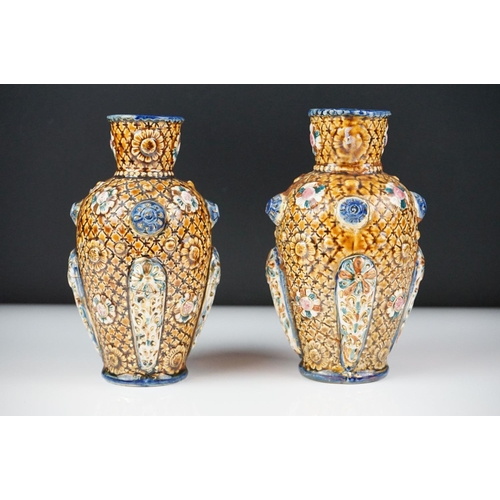 41 - Pair of Alhambrian Majolica vases, late 19th - early 20th century, with brown glazing and decorated ... 