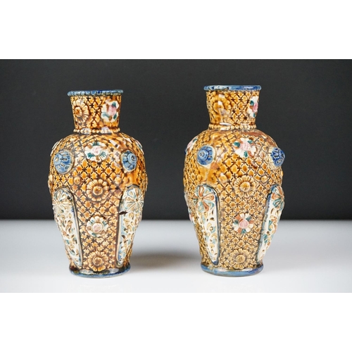 41 - Pair of Alhambrian Majolica vases, late 19th - early 20th century, with brown glazing and decorated ... 