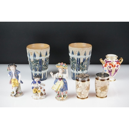 43 - Group of mixed ceramics to include a pair of late 19th Century Doulton Lambeth tapering vases with r... 