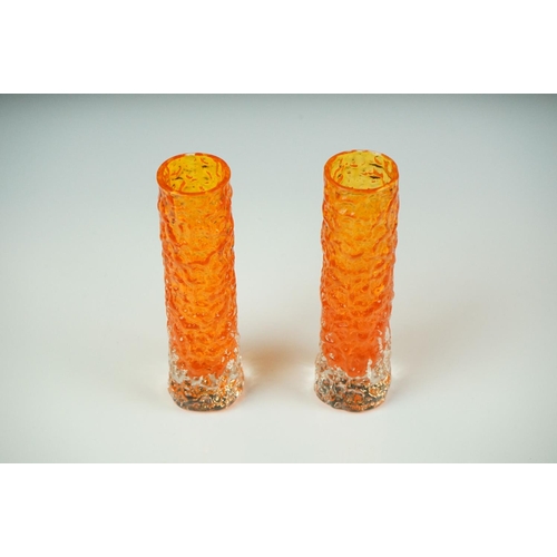 46 - Pair of Whitefriars Tangerine Textured Bark cylindrical bud vases, approx 14.5cm high