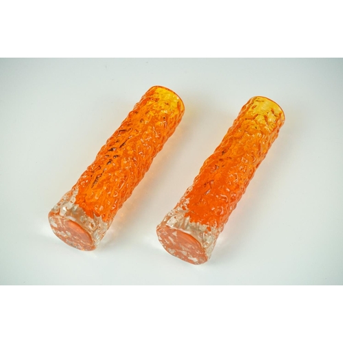 46 - Pair of Whitefriars Tangerine Textured Bark cylindrical bud vases, approx 14.5cm high