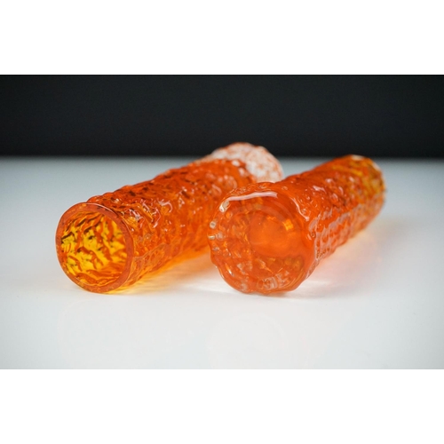 46 - Pair of Whitefriars Tangerine Textured Bark cylindrical bud vases, approx 14.5cm high