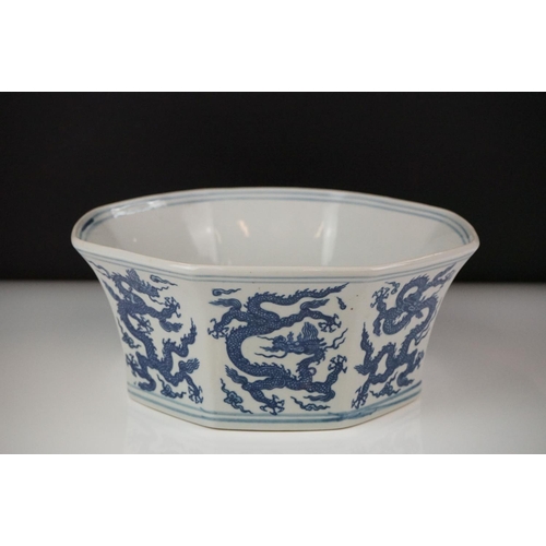 48 - Chinese Porcelain Octagonal Blue and White Bowl decorated with dragons, four character marks to base... 