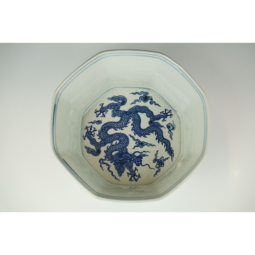 48 - Chinese Porcelain Octagonal Blue and White Bowl decorated with dragons, four character marks to base... 