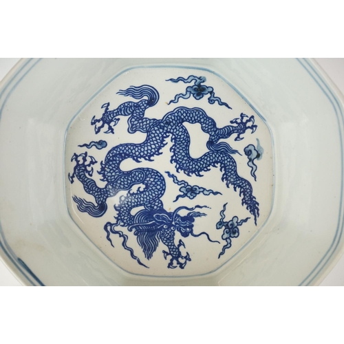 48 - Chinese Porcelain Octagonal Blue and White Bowl decorated with dragons, four character marks to base... 