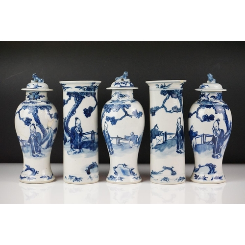 52 - Chinese Porcelain Blue and White five piece Garniture decorated with figures comprising two sleeve v... 