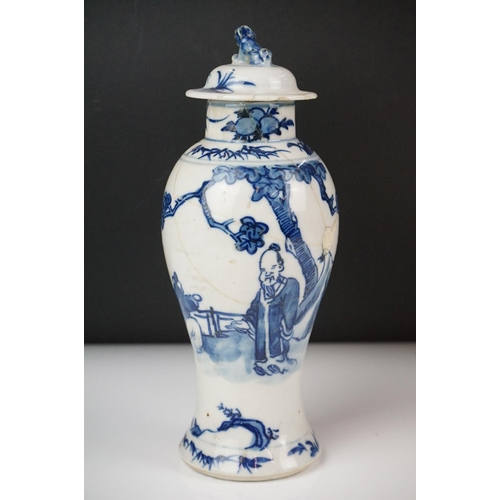 52 - Chinese Porcelain Blue and White five piece Garniture decorated with figures comprising two sleeve v... 