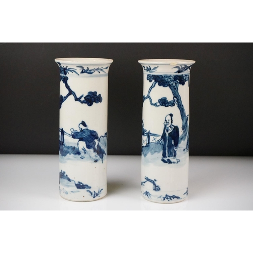 52 - Chinese Porcelain Blue and White five piece Garniture decorated with figures comprising two sleeve v... 