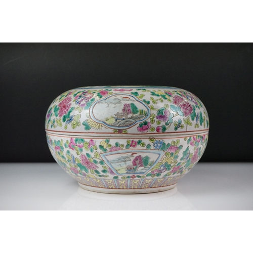 55 - Chinese Famille Rose Circular Lidded Jar decorated with cockerels and flowers, 27cm diameter