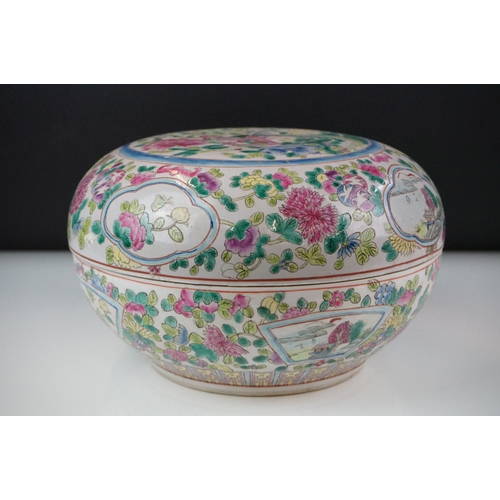 55 - Chinese Famille Rose Circular Lidded Jar decorated with cockerels and flowers, 27cm diameter