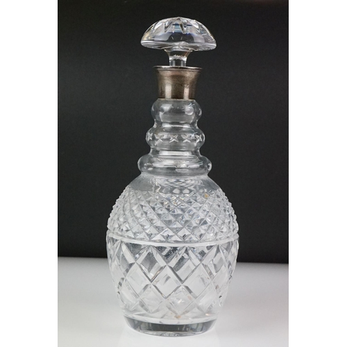 66 - Garrard & Co Silver collared cut glass decanter and stopper, with hob-nail cut decoration, star-cut ... 